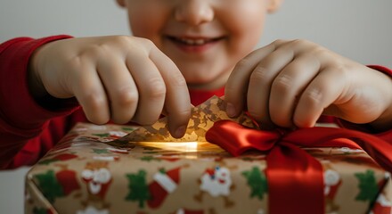 A happy child's hands eagerly tear open a glowing Christmas present wrapped in festive paper with a red ribbon.