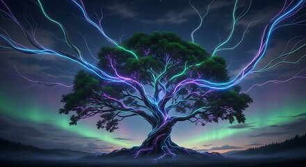 Mystical Tree of Life Illuminated by Cosmic Energy and Aurora Borealis.