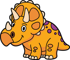 Cute orange cartoon triceratops dinosaur vector illustration, smiling prehistoric animal with purple spots, adorable kids educational design for children’s books and learning materials