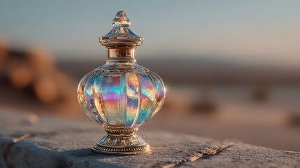 Elegant glass perfume bottle with iridescent colors in soft light