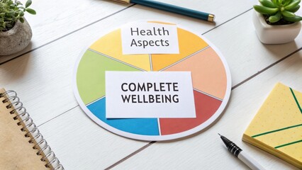 Colorful diagram illustrating health aspects for complete wellbeing on a workspace with plants, notepad, pen, and paper materials