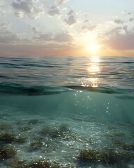 Serene Sunset Over Calm Ocean Waves with Glimmering Water Reflection