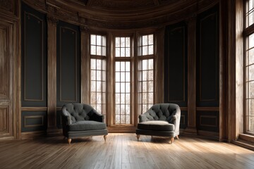 Plush armchairs face large windows in a classic wood-paneled room.