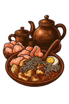 Vintage Indonesian Ketoprak Vector Illustration &ndash; Traditional Street Food with Peanut Sauce, Egg, and Crackers