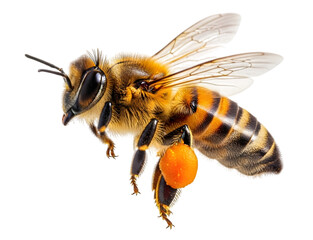 Isolated honey bee , a stunning bee is flying, isolated on transparent background, macro, incredible pollinator