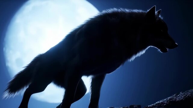 Silhouette of a werewolf against a large full moon at night.