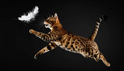 Dynamic bengal cat mid-air hunting feathers against a stark background
