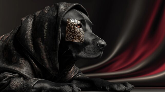 Black dog in futuristic hood with QR code tattoo represents modern technology, identity, and AI symbolism. Perfect for cyberpunk themes, digital branding, and conceptual advertising