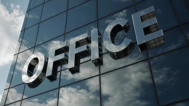 Office sign on modern glass building reflecting clouds