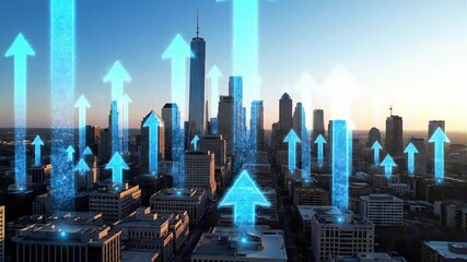 Digital city growth concept with futuristic upward arrows representing economic progress and technological advancement in urban landscapes