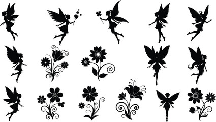 Fairy Silhouette Vector Set with Magical Winged Figures and Decorative Floral Elements for Fantasy, Scrapbooking, and Stock Illustration Use © Asha Moni