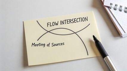 Conceptual diagram showing flow intersection, representing a meeting of sources with intersecting lines on sticky note and pen