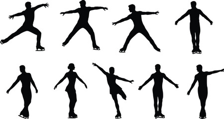Figure skating silhouette vector set with dynamic poses, ice skaters performing graceful movements for winter sports, dance, fitness, and performance themes
