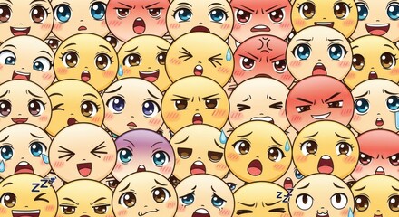 A multitude of expressive cartoon emoji faces conveying a range of emotions and sentiments