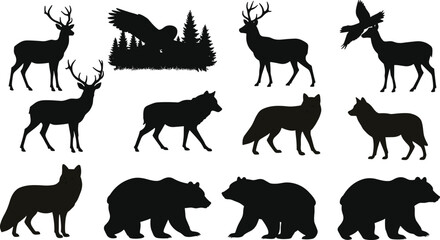 Forest animal silhouettes including deer, bears, wolves, foxes, bird, trees, perfect for nature design, wildlife art, and education use.
