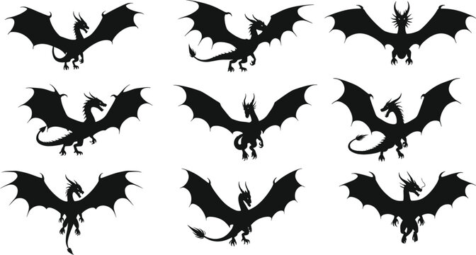 Dragon silhouette set with epic creature poses, wings spread, mythical monster, fantasy beast vector illustration for legend and mythological themes