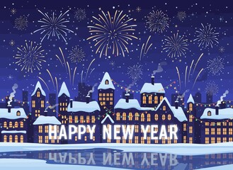 Happy New Year illuminated text over a snowy cityscape with fireworks.