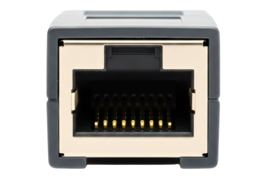 Network port connector for internet cables on a transparent background