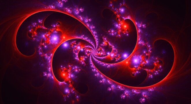 Cosmic swirls of crimson and violet light create an intriguing abstract galaxy formation