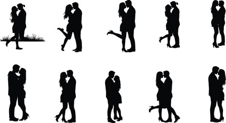 Romantic Couple Silhouette Set Featuring Kissing Poses, Intimate Embraces, Outdoor Scene, and Emotional Connection for Love-Themed Vector Illustration Use