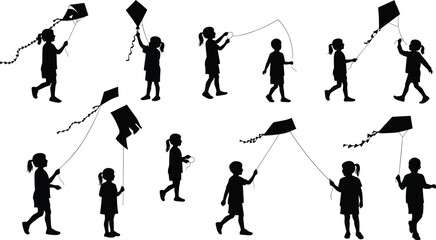 Silhouette children flying kites in outdoor park, playful kids running with kites, childhood activity, spring breeze, happy family moment