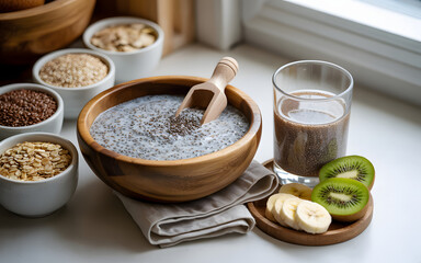 Healthy chia pudding breakfast with grains, banana, and kiwi served with smoothie in natural sunlight
