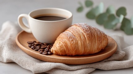 Rustic Flat Lay of Freshly Baked Croissant with Coffee Beans and Hot Coffee on a Wooden Plate with Eucalyptus Leaves Background