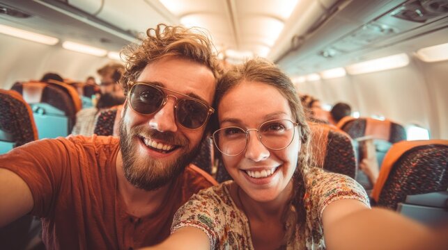 A cheerful couple takes a selfie on an airplane, surrounded by fellow passengers, enjoying their journey.