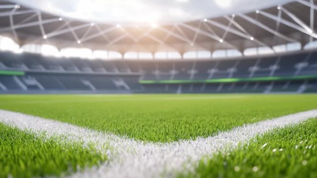 Stadium's Perspective: A vast, empty stadium, its green field awaiting the roar of the crowd, the structural framework.