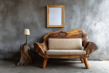 Rustic wooden furniture and a framed picture hang on a textured wall.