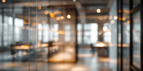 A modern office space featuring blurred glass partitions and soft lighting, creating a professional and inviting atmosphere.