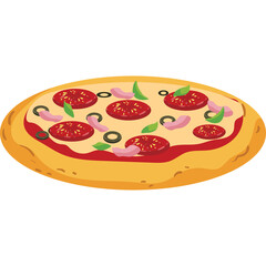 A pixelated pepperoni and ham pizza with black olives and green basil on a white background a delicious looking Italian meal with a golden crust and red tomato sauce.