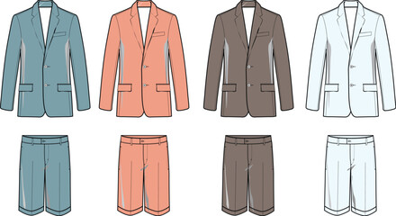Fashionable men's suits and shorts collection, showcasing diverse styles and colors for contemporary wardrobes