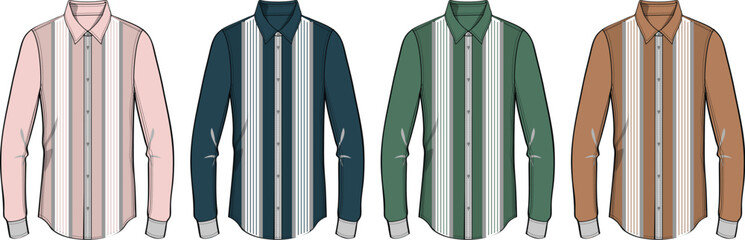 Four vertically striped long-sleeved collared shirts in different color combinations laid out side by side