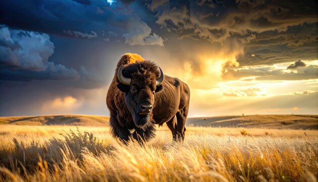 Majestic bison silhouetted against a prairie sunset under stormy sky