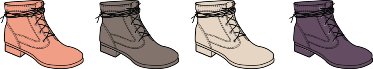 Four pairs of ankle boots in different colors and styles, showcasing a variety of footwear options for any occasion