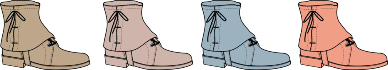 Vector illustration set of stylish cuffed ankle boots for fashion or costume design, presented in a palette of four different pastel colors