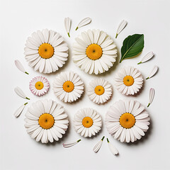 Obraz premium Beautiful flat lay of fresh white daisy flowers, delicate petals, and a vibrant green leaf on a clean, bright background, capturing natural purity and spring serenity