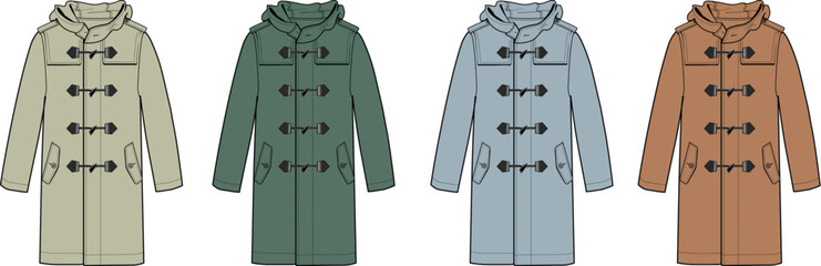 Set of four illustrated duffle coats in different neutral colors, showcasing classic design with toggle closures and hoods for versatile outerwear options