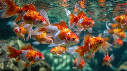 Vibrant goldfish school swimming underwater with orange and white fins
