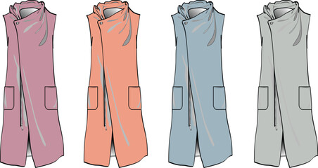 Vector fashion illustration set displaying a stylish sleeveless wrap vest design, highlighting its draped neckline and functional pockets, available in four distinct colorways