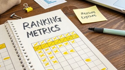 Detailed Ranking Metrics Sheet with Colorful Highlights on Wooden Desk for Effective Performance Measurement and Analysis