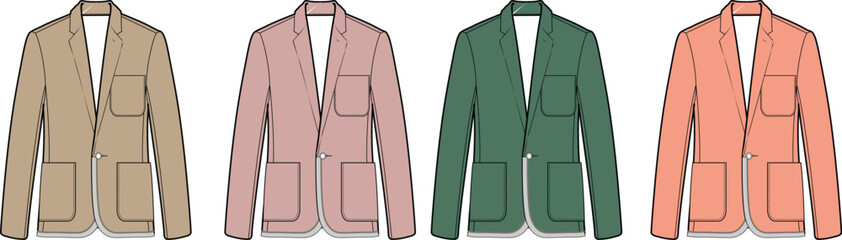 Four distinct safari-style jackets displayed in a row, showcasing variations in color and pocket design