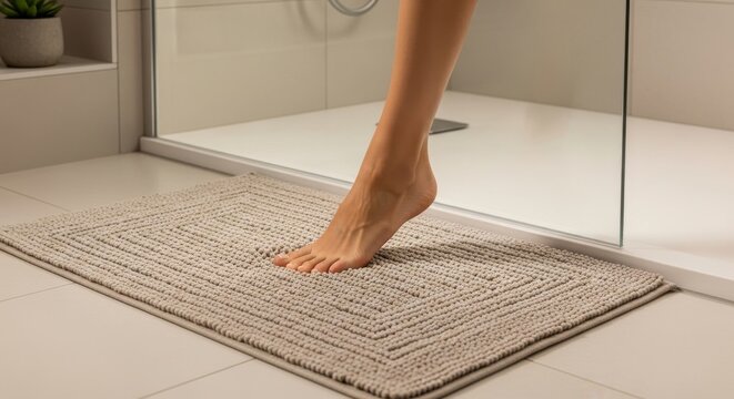 A serene moment of wellness: Barefoot touching soft bath mat inside modern bathroom ambiance