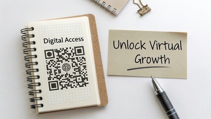 Digital Access Concept Promoting Virtual Growth with QR Code and Notepad on Minimalist White Workspace