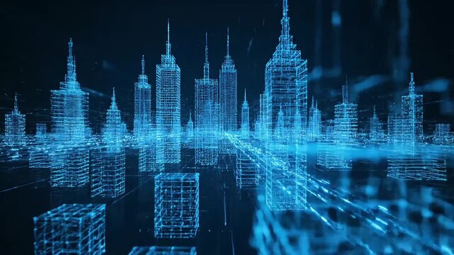 Digital smart city vision glowing blue wireframe architecture, depicting advanced urban technology and interconnected data infrastructure for a futuristic metropolis