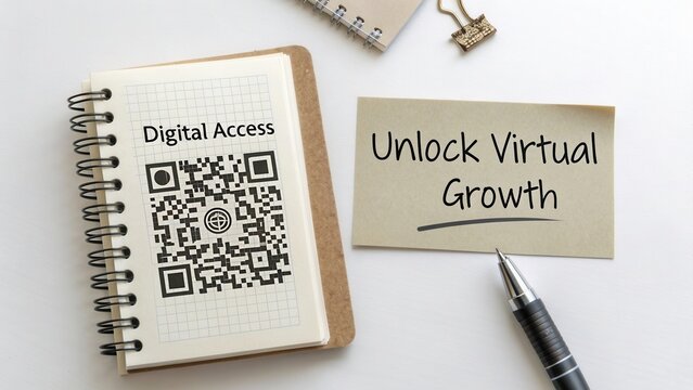 Digital Access Concept Promoting Virtual Growth with QR Code and Notepad on Minimalist White Workspace