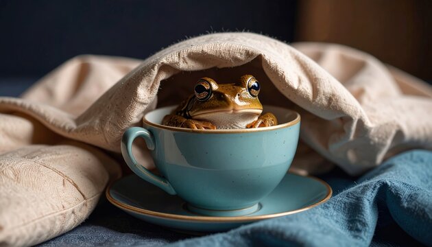 Cozy amphibian: A serene frog enjoying a nap inside a teacup sanctuary