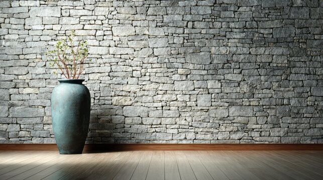 Tall vase with greenery stands against a rustic stone wall.