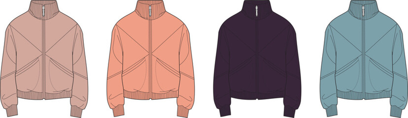 Technical flat sketch of a long sleeve training top in multiple colors. Apparel design vector illustration set